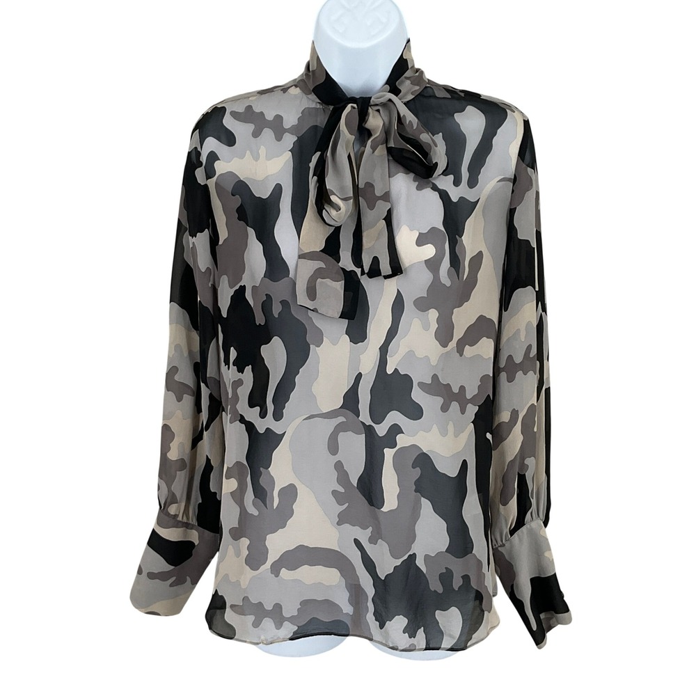 Nili Lotan‎ Blouse Womens XS Grey Silk Camouflage Tie Neck Sheer Luxury Designer